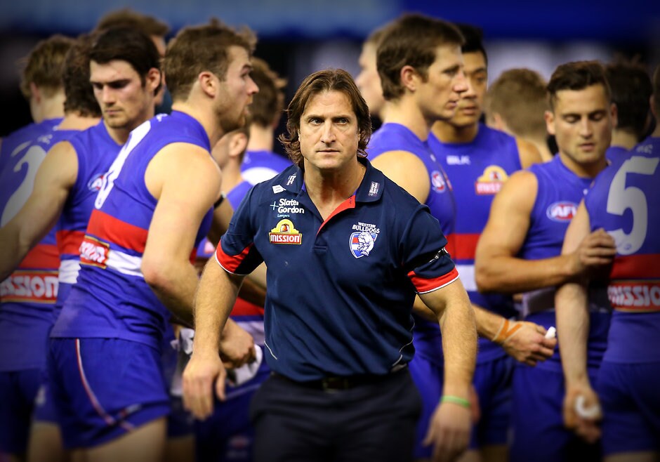 AFL 2015 Rd 20 - Western Bulldogs v Melbourne MELBOURNE, AUSTRALIA - AUGUST 16: Luke Beveridge, Senior Coach of the Bulldogs leaves the huddle at 3/4 time during the 2015 AFL round 20 match between the Western Bulldogs and the Melbourne Demons at Etihad Stadium, Melbourne, Australia on August 16, 2015. (Photo by Justine Walker/AFL Media)